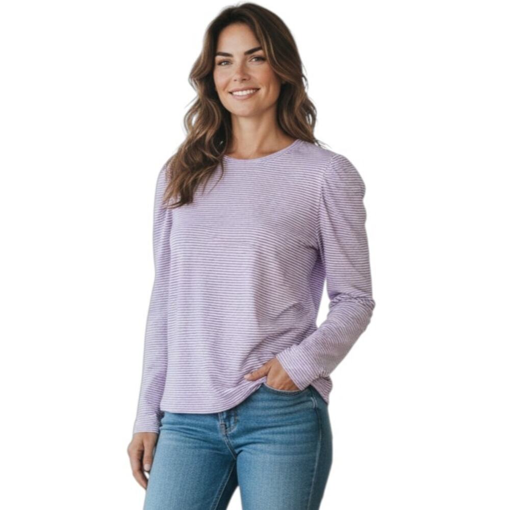SKIES ARE BLUE Women L Striped Top Long Sleeve Purple White Cotton Blend 38"